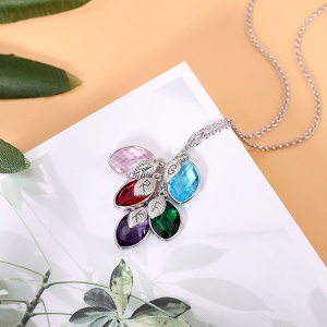 Personalized Family Birthstone Initial Necklace with Leaves