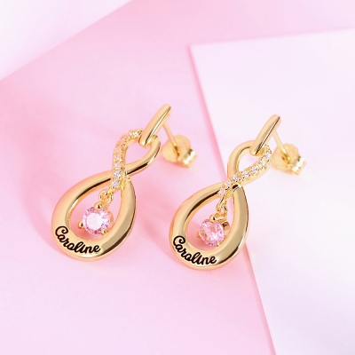 Infinity Name Earrings with Dance Birthstone