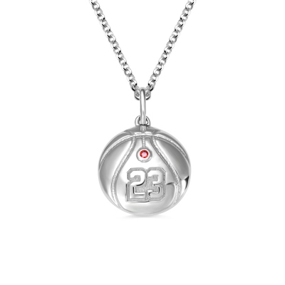 Silver Basketball Necklace with Engraved Number and Birthstone