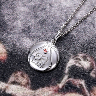 Silver Basketball Necklace with Engraved Number and Birthstone