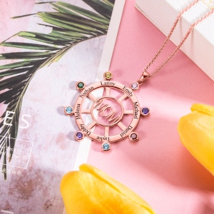 Personalized Steering Wheel Name & Birthstone Necklace in Rose Gold