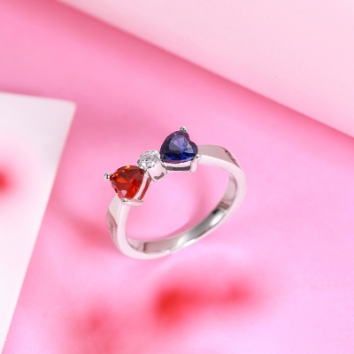 Custom Heart Birthstone Bow Couples Names Ring Sterling Silver