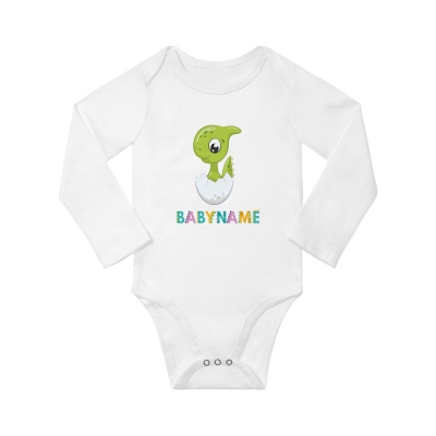 Custom Long Sleeve Bodysuits with Eggshell Dinosaur & Name, Unisex Baby Onesies Bodysuit for Babies Gift for Newborn/Infants/New Moms