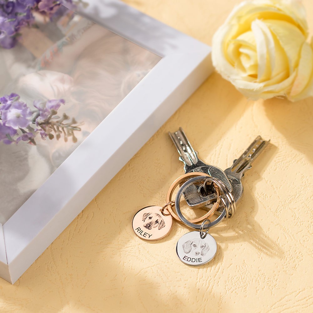 Personalized Dog Cat Keychain with Photo Engraved, Pet Portrait Memorial Keepsake Gift for Pet Loss/Dog Father/Cat Mom