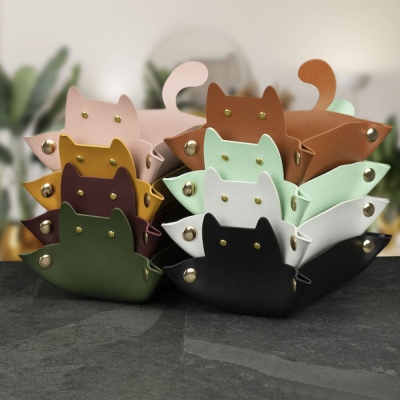 Plateau de valet en cuir en forme de chat mignon pour donjons et dragons, plateau fourre-tout haut de gamme, plateau à bijoux, organisateur de bureau décoratif