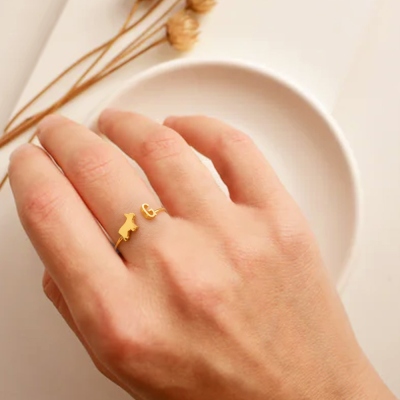 Bague initiale personnalisée pour animal de compagnie, bague avec lettre ouverte, cadeau personnalisé pour maman de chien, chat/cheval/lapin/oiseau/poisson pour femme, bijoux commémoratifs, cadeau pour la perte d'un animal de compagnie