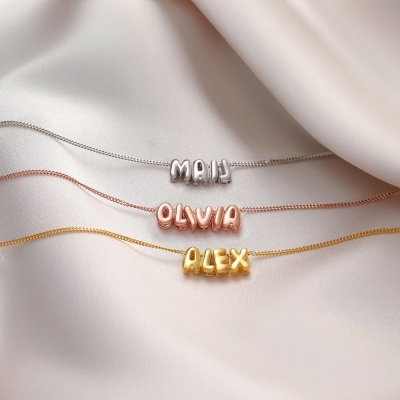 Collier personnalisé de nom de lettre 3D de bulle, collier initial de ballon chunky pour femme/fille, collier pendentif de lettre d’argent/or rose/or