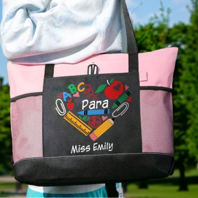 Sac fourre-tout personnalisé Teacher Heart ABC, grand sac en toile zippé avec poche en filet, cadeau paraprofessionnel, Noël/fête des enseignants/cadeau d'anniversaire pour les femmes