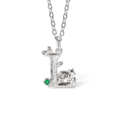 Custom Initial Leaf & Bear Pendant Necklace with Birthstone, Dainty Initial Necklace, Sterling Silver 925 Jewelry, Birthday/Anniversary Gift for Women