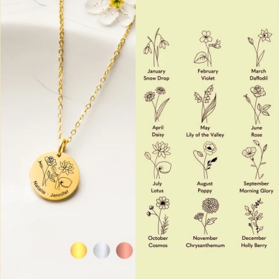 Collier avec pendentif gravé en forme de fleur de naissance personnalisée, bijoux floraux en argent sterling 925, cadeau d'anniversaire/fête des mères pour maman/soeurs/meilleures amies