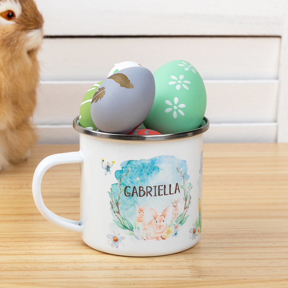 Personalized Easter Bunny Enamel Mug for Easter Gifts, Easter Decorations with Watercolour Bunnies, Custom Name Mug, Stainless Steel Mug