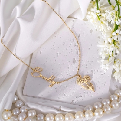 Collier personnalisé de fleur de naissance et de nom latéral, collier floral de nom personnalisé, bijoux pour femmes, fête des mères/cadeau d'anniversaire pour maman/soeur/elle