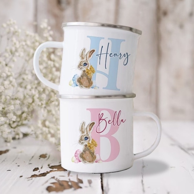 Tasse personnalisée en céramique/émail de lapin de Pâques, tasse de voyage avec nom personnalisé, tasse sippy avec poignée, décor de fête de Pâques, cadeau de Pâques pour fille/garçon/tout-petit