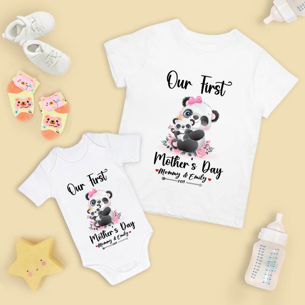 Unser erstes Muttertags-Set für Mutter und Baby/passendes Hemd, Geschenk für Mama und Baby, Mama-Baby-Hasen, T-Shirt-Body, Strampler, Babygrow-Weste-Set, Geschenk für neue Mutter, Muttertagsgeschenk