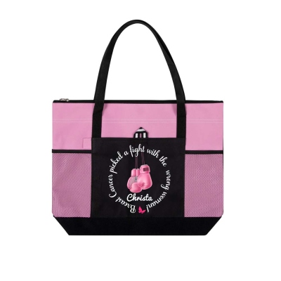 Personalized Name Breast Cancer Fighter Tote Bag, Custom Large Chemotherapy Bag with Mesh Pocket & Zipper, Cancer Survivor Gifts for Patients/Women