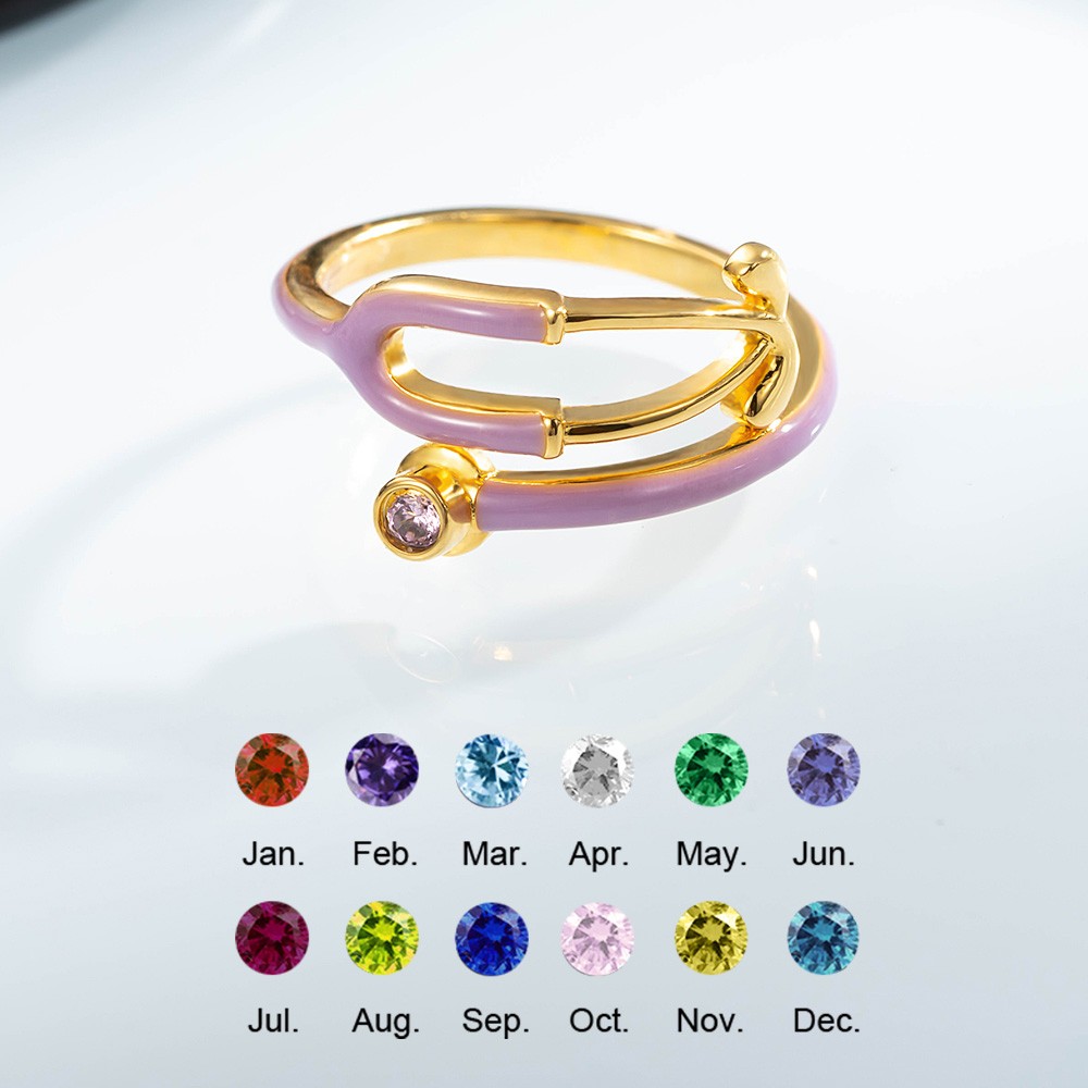 Personalized Stethoscope Ring with Birthstone, Stethoscope Enamel Ring, Women's Jewelry, Graduation/Birthday Gift for Nurse/Doctor/Medical Student