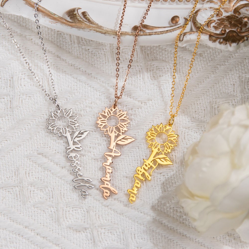 Personalized Name Sunflower Necklace, Exquisite Name Necklace, Floral Jewelry, Birthday/Mother's Day Gift for Women
