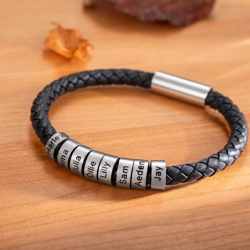 Personalized 1-8 Beads Braided Bracelet, Name Bracelet, Artificial Leather Men's Bracelet, Father's Day, Gifts for Father/Husband/Boyfriend