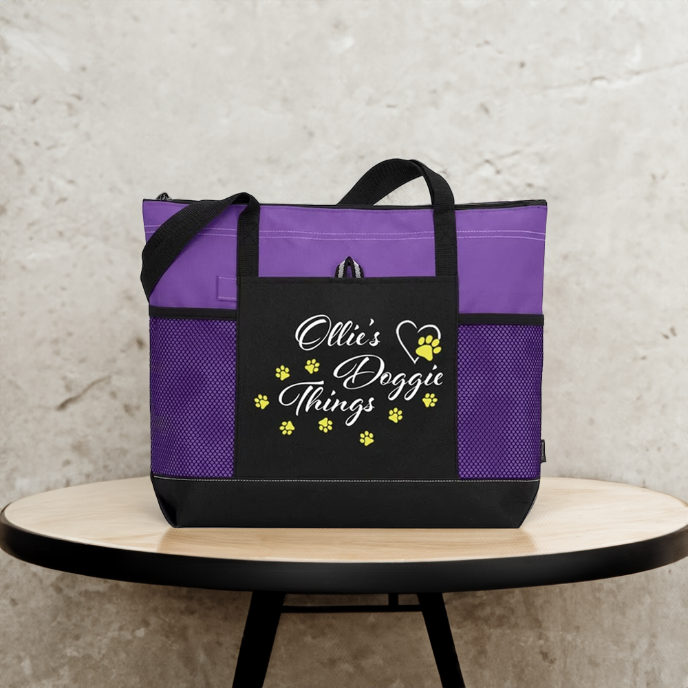 Personalized Doggie Things Pet Tote Bag with Zipper, Custom Pet Travel Daycare Bag, New Puppy Gift, Pet Groomer Gift for Pet Lover/Pet Owner