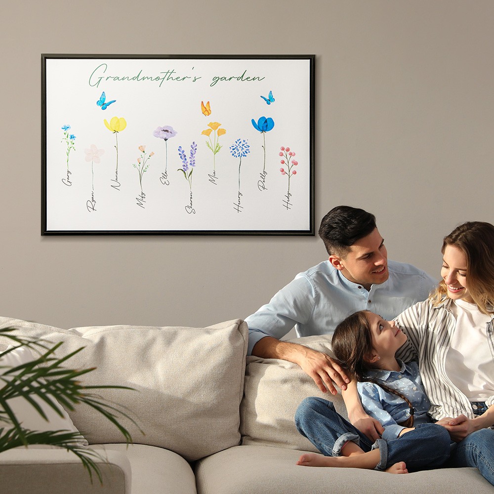 Custom 1-16 Family Watercolor Flowers Horizontal Canvas Print, Frameless Family Flower Painting with Name, Mother's Day/Birthday Gift for Family/Friends