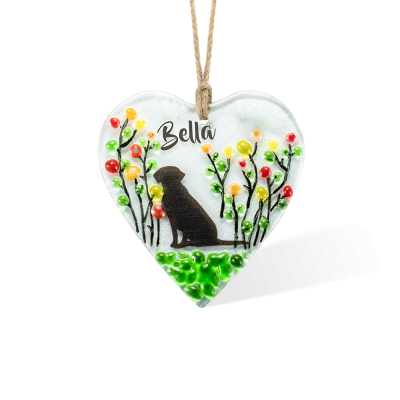 Personalized Sitting Dog Suncatcher Heart Ornament with Name, Glass Hanging Decor, Pet Memory Keepsake, Birthday Gift for Dog Lovers/Owners/Family