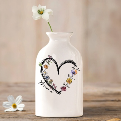 Personalized Heart Watercolor Birth Flowers Ceramic Vase with 1-6 Names, Home Decor, Mother's Day/Birthday Gift for Mom/Grandma/Gardening Lovers