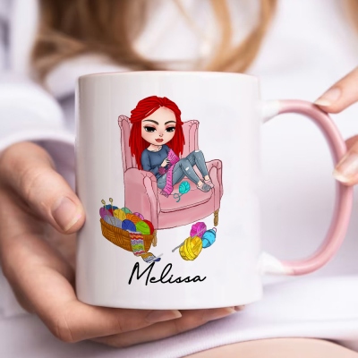 Personalized Name Cartoon Character Design Ceramic Mug, 11oz Two-Tone Cup with Handle, Birthday/Christmas Gift for Crochet Lovers/Women/Girls