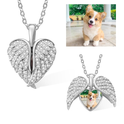 Custom Photo Angel Wings Heart Locket Necklace, Sterling Silver 925 Guardian Angel Wings Necklace with Cubic Zirconia, Memorial Gift for Pet Mom/Dad