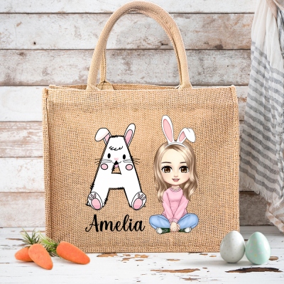 Personalized Cute Easter Bunny Cartoon Character Jute Bag, Custom Initial Name Burlap Tote Bag with Handle, Easter Gift Bag, Gift for Kid/Boy/Girl