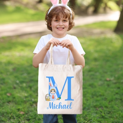 Personalized Easter Bunny Cartoon Character Canvas Bag, Custom Name Initial Easter Egg Hunt Tote Bag, Easter Gift Bag, Gift for Kid/Adult