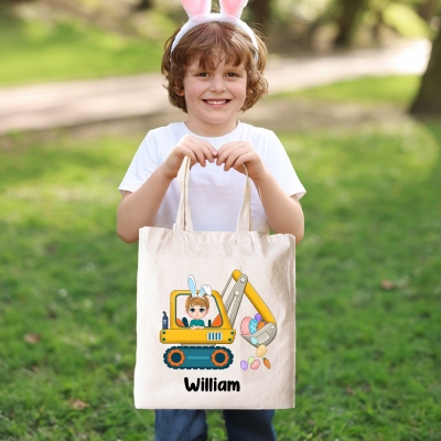 Customizable Bunny Ears Cartoon Character Excavator Easter Egg Hunt Canvas Bag, Reusable Grocery Shopping Cloth Bag, Easter Gift for Kid/Adult