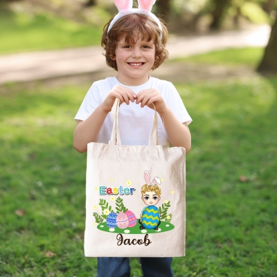 Personalized Funny Cartoon Character Easter Egg Canvas Bag, Custom Name Easter Tote Bag, Goodies Treat Bag for Easter Party, Easter Gift for Kids