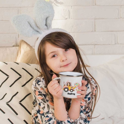 Custom Cute Cartoon Character Excavator Easter Egg Hunt Mug, 11oz Easter Enamel Mug for Hot Chocolate/Coffee/Tea, Easter Gift for Boys/Girls