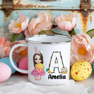 Personalized Cartoon Character Hug Easter Egg Enamel Mug, Custom Name Initial 11oz Kid Mug, Easter Party Favor, Easter Gift for Boys/Girls