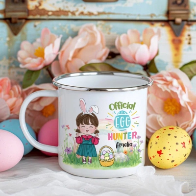 Personalized Cartoon Easter Egg Hunter in Rainbow Garden Enamel Mug, Custom 11oz Kid Name Mug for Easter Party, Easter Gift for Kids/Boys/Girls