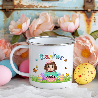 Personalized Easter Cartoon Character Eggshell Butterfly Mug, Custom Name 11oz Enamel Mug for Kid, Easter Party Favor, Easter Gift for Boys/Girls