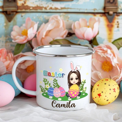 Custom Funny Cartoon Character Easter Egg Enamel Mug, Custom 11oz Name Mug for Hot Chocolate/Coffee, Easter Table Centerpieces, Easter Gift for Kids