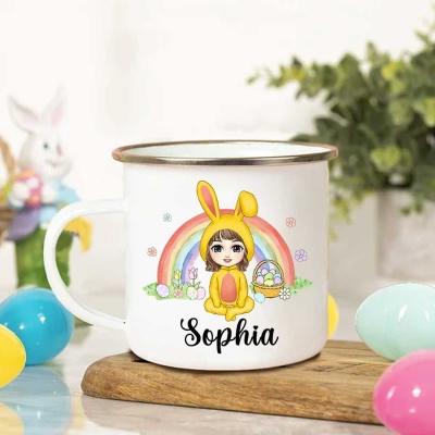 Personalized Easter Bunny Cartoon Character Floral Rainbow Mug, Custom 11oz Easter Enamel Mug with Name, Easter Gift for Kids/Boys/Girls