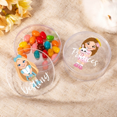 Personalized Easter Bunny Cartoon Character Candy Box with Name, Custom Cute Little Girl Treat Box, Easter Basket Filler, Easter Gift for Kids/Girls