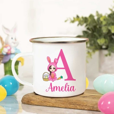 Personalized Colorful Easter Bunny Character Mug, Custom Initial & Name Kid Enamel Mug with Handle, Easter Party Favor, Easter Gift for Boys/Girl