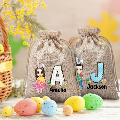 Personalized Cartoon Character Burlap Easter Bag with Alphabet, Custom Name Easter Egg Hunt Gift Bag, Easter Treat Bag, Easter Gift for Boys/Girls
