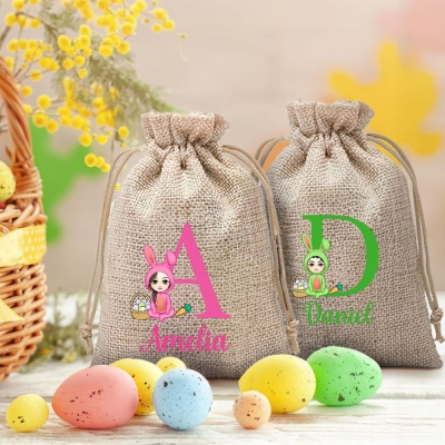Personalized Easter Bunny Character Burlap Bag with Drawstring, Custom Name Easter Goodie Treat Bag, Easter Party Favor, Easter Gift for Boys/Girls
