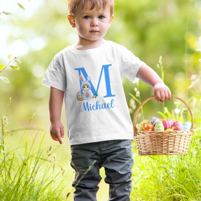 Personalized Cute Easter Bunny Cartoon Character T-shirt, Custom Kid Name & Alphabet Cotton T-shirt, Easter/Birthday Gift for Boys/Girls