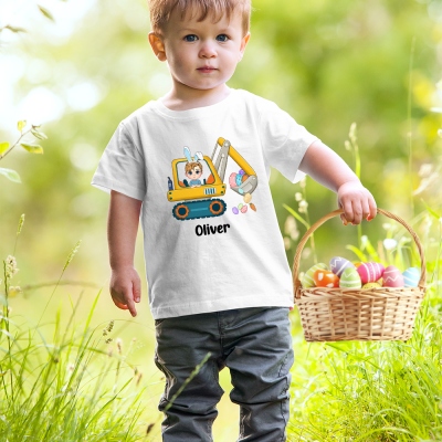 Personalized Cartoon Character Excavator Easter Egg Hunt T-shirt, Custom Name Cotton Short Sleeve T-shirt, Easter Gift for Kids/Boys/Girls