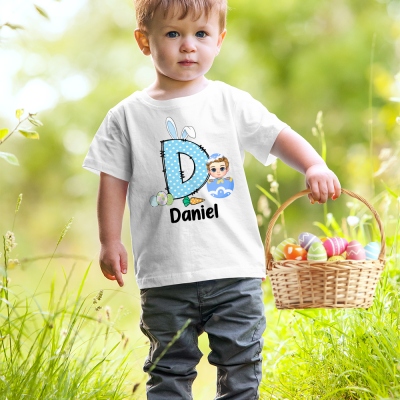 Personalized Cute Easter Egg Cartoon Character T-shirt, Easter Bunny Ears Alphabet Short Sleeve Cotton T-shirt, Easter Gift for Kids/Boys/Girls