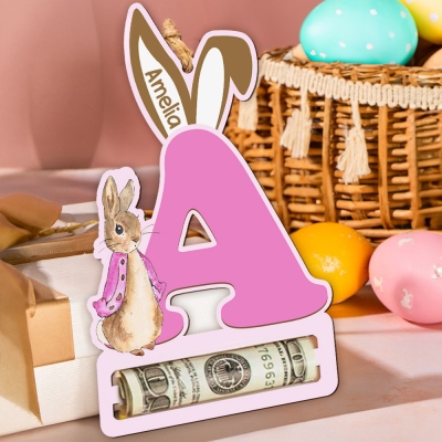 Custom Easter Peter Rabbit Money Holder with Initial & Name, Cartoon Rabbit Wooden Easter Basket Stuffer, Easter Party Favor, Easter Gift for Kids