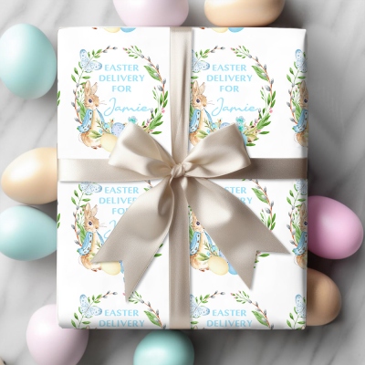 Personalisiertes Osterhasen-Geschenkpapier mit individuellem Namen, süßes Hasen-Geschenkpapier für Kinder, Osterparty-Geschenkverpackung
