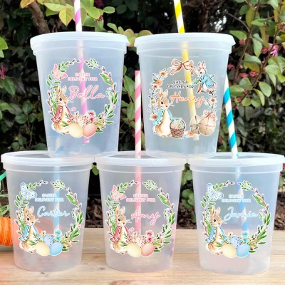 Personalisierte Osterbecher für Kinder mit individuellem Namen, Hasenbecher mit Deckel und Stroh, Osterkorbfüller, Partygeschenk, süße Osterdekoration