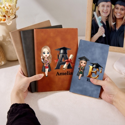 Personalized Cartoon Graduation Character Notebook with Bachelor Hat Alphabet, Custom Name Leather Graduation Journal, Graduation Gift for Graduates