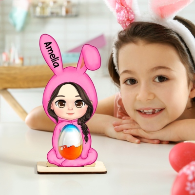 Personalized Cute Bunny Character Easter Egg Holder, Custom Name Wooden Easter Ornament, Easter Party Favor, Easter Gift for Kids/Boys/Girls